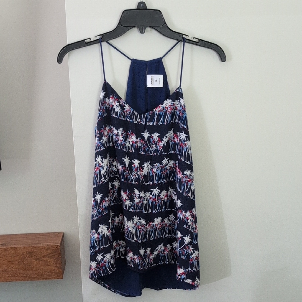 Navy Blue Palm Tree Print Women's Top